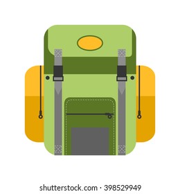 Green vector illustration of campng backpack in flat style. Isolated cartoon back icon
