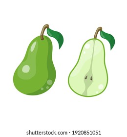 Green vector illustration of colorful half and whole of juicy pear. Illustration isolated on white background.