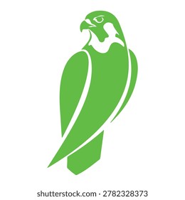 A green vector illustration of a falcon bird in profile, viewed from the side, with a modern abstract design.