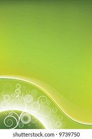 Green vector illustration of a gradient mesh planet in the corner with modern floral spirals and lined art style waves. Copy space for design elements.