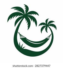 Green vector illustration of a hammock between palm trees with a curved base
