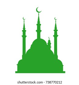 Green vector illustration of islamic place of worship - Mosque with minaret. Sacral and religious building for muslim and worshipers of Islam