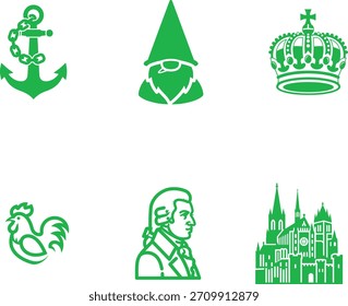 Green Vector Illustration Set mit Nautical Anchor Garden Gnome Royal Crown Rooster Mozart und mittelalterliche Burg alle im Line Art Format für Varieté-Design
