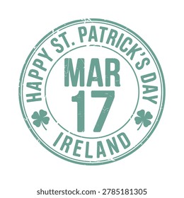 A green vector illustration of a St. Patrick's Day stamp featuring clover details and text on a white background.