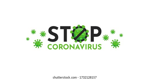 Ilustración vectorial verde con coronavirus de parada de texto para volante médico, banner del sitio, afiche, camiseta o diseño de cubierta. Covid-19, enfermedad por neumonía respiratoria, atención de la salud y concepto de protección 