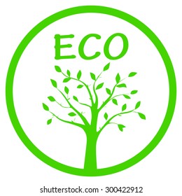 Green vector illustration of tree silhouette in the round frame for ecological projects