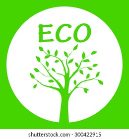 Green vector illustration of tree silhouette in the round frame for ecological projects