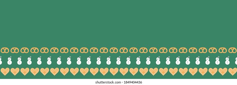Green vector illustration. Various kinds of hand drawn holiday cookies and snowmen horizontal seamless pattern border background.