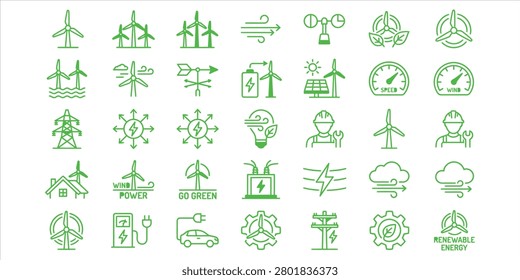 Green vector illustration of various renewable energy icons and symbols for sustainable power and eco friendly design