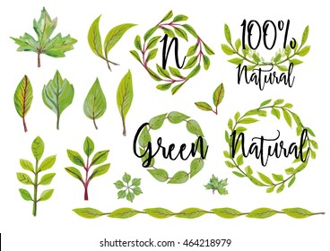green vector illustration with watercolor leaves and frames made wreaths. design for natural products. graphic design manual and Jewellery preglasheny flyers and booklets.Eco friendly concept