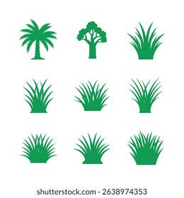 Green vector illustrations of various trees and grass elements for nature designs
