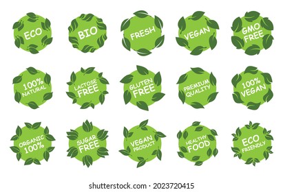 Etiquetas vectoriales verdes con hojas. Paquetes para comida. Etiquetas - Comida vegana, Orgánica, Ecológica, Fresca, Libre de Azúcar, etc.