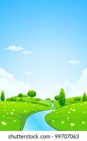 Green Vector Landscape with flowers trees clouds and river