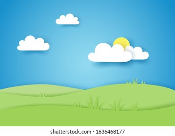 Green vector landscape. Paper cut style.