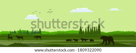 Green Vector landscape with silhouettes of mountains, trees, deers, wolves pack and bear. Banner horizontal