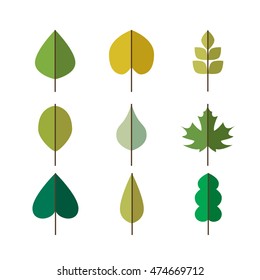 Green vector leaves simple icons set for summer and nature