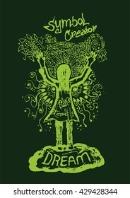 Green vector line illustration woman hand up creator sketch