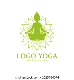 Green Vector Logo for Yoga center. Isolated on a white background. White flower and a silhouette of a girl in Lotus position. Harmony insignia design.