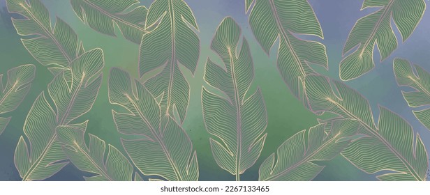 Green vector luxury illustration with golden feathers for decor, covers, backgrounds, wallpapers