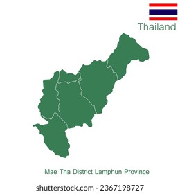 Green vector map: Mae Tha District is a district of Lamphun Province with boundary lines.