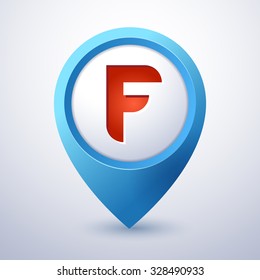 green vector map marker pointer with icon of letter f map tour index conceptual point gold travel red leader orange treasure unusual mark object site business golden clean location pin glassy guidance