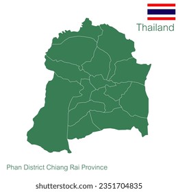 Green vector map. Phan district is a district of Chiang Rai province. with demarcation line