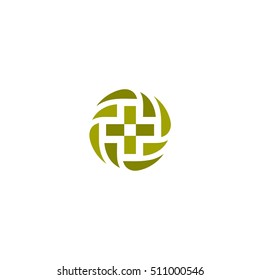 Green vector medical cross logo. Round shape logotype. Religious sign. Doctors office emblem. Ambulance label. First aid symbol. Plus button. Vector illustration