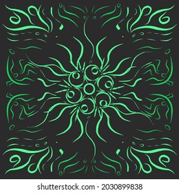 
green vector monochrome design abstract sacred geometry mandala illustration line art life isolated on dark background.