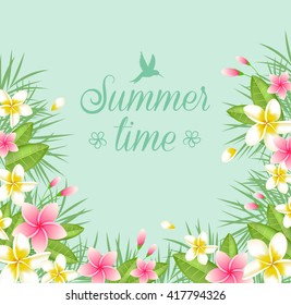 Green vector nature background with tropical flowers. Summer tropical banner.