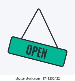 Green vector open signboard. Vector illustration of a hanging signboard with a word OPEN on it. Shopping door plate