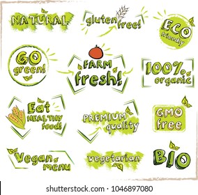 Green vector organic, bio, eco labels and elements.  Hand drawn logo templates. Go green, vegetarian, natural, bio menu, gluten free  icon set. Organic food tags for meal and drink.