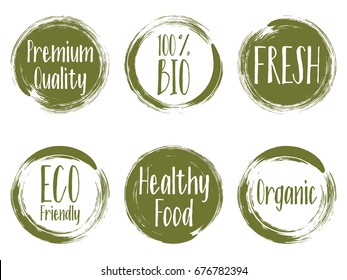 Green vector organic labels, bio emblems for natural products packaging, restaurant menu. Fresh, eco friendly, 100% bio, premium quality, organic healthy food labels.