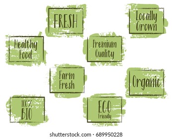 Green vector organic labels, bio emblems collection for menu or natural products, food packaging. Fresh, vegan, eco friendly, premium quality, locally grown, healthy food painted stickers.