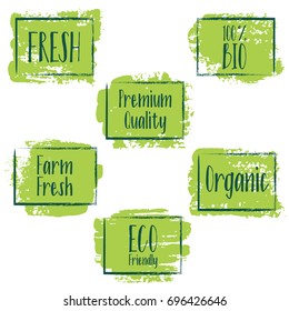 Green vector organic labels, bio emblems collection for menu or natural products, food packaging. Fresh, eco friendly, premium quality, farm fresh, bio, organic healthy food painted stickers.