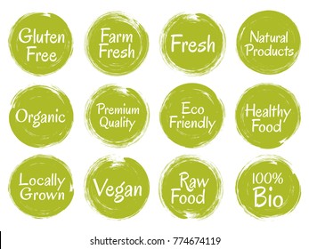 Green vector organic labels, bio emblems for restaurants menu, natural products packaging. Vegan, gluten free, fresh raw healthy food, premium quality, locally grown eco friendly stamps on white.