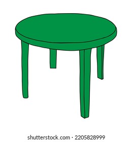 Green Vector Outline Illustration Of A Round Plastic Table Isolated On A White Background