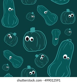 Green Vector outline pumpkins seamless pattern. Pumpkin patch background. illustration on a Halloween theme
