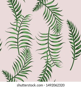Green vector palm leaves. Seamless abstract design pattern on the white background