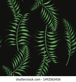 Green vector palm leaves. Seamless abstract design pattern on the black background