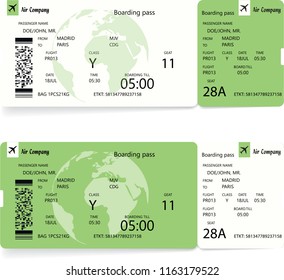 Green vector pattern of a boarding pass ticket. Concept of trip or travel