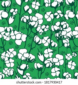 Green vector pattern with cotton flowers