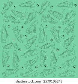 a green vector pattern featuring various outlines of sports shoes and soccer balls, arranged in a repeating design