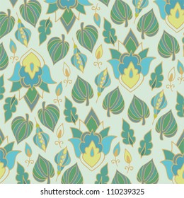 Green vector pattern with leaves and ornamental  flowers