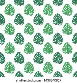 Green vector pattern with monstera palm leaves on white background. Seamless summer tropical fabric design.