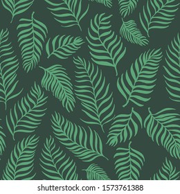 Green vector pattern with palm dypsis leaves on dark background. Seamless summer palm dypsis tropical design. Vector dypsis lutescens seamless pattern. Great for label, print, packaging, fabric.