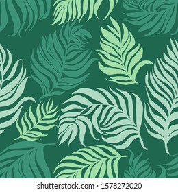 Green vector pattern with palm dypsis leaves on dark background. Seamless summer palm dypsis tropical design. Vector dypsis lutescens seamless pattern. Great for label, print, packaging, fabric.