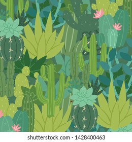 Green vector pattern with succulents and cactuses. Trendy tropical design for textile or wrapping paper. Aloe vera and blooming cactus texture.