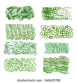 Green vector pen textures set. Grungy hand drawn  lines, frames, stains, dots, stripes, patterns. Sketched, doodle style