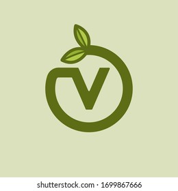 Green Vector Planted Letter V. V Round Letter Design.