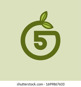 Green Vector Planted Number 5. 5 Round Number Design.
